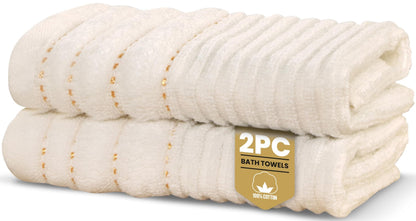Rapport Home Linear Bath Towels 2-Pack | Ivory Cream | 70x120cm | 100% Cotton 500gsm | Oeko-Tex Made in Green & BCI Certified