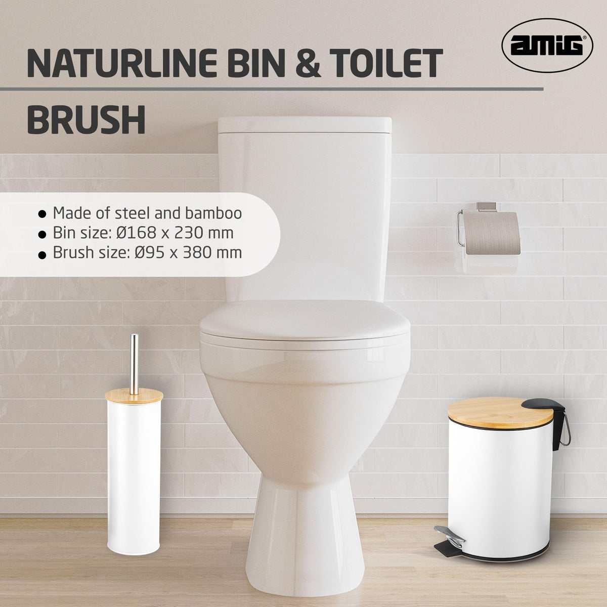 Amig - Naturline Bin and Toilet Brush Set - Ø168 x 230 mm - Steel and Bamboo - White - Compact and Coordinated Bathroom Set