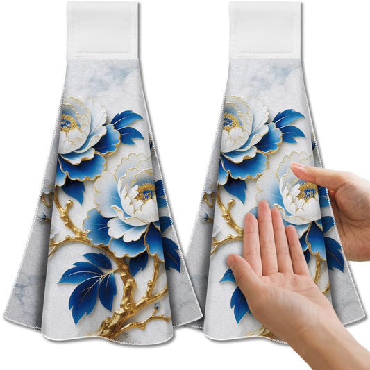 CUTHOLLOW Blue Gold-edged Peony Tea Towels for Kitchen with Loop, Set of 2 - Soft & Super Absorbent Microfiber Decorative Hanging Dish & Hand Towel,