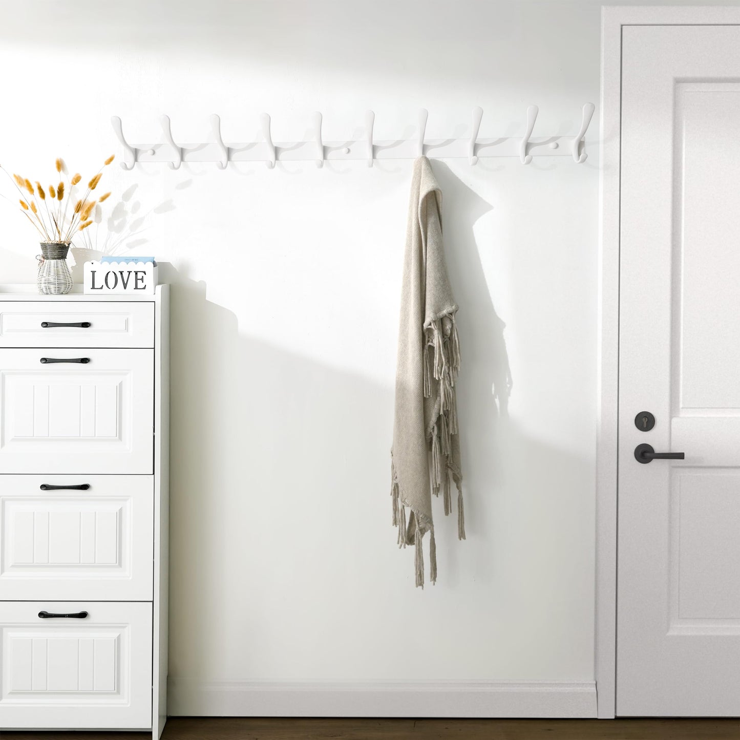 SKOLOO Wall Mounted Coat Rack - Heavy Duty, 10 Hooks, Stainless Steel, Metal Wall Hanger, Sturdy Hooks for Hanging Coat, Jacket, Clothes, Hat, White