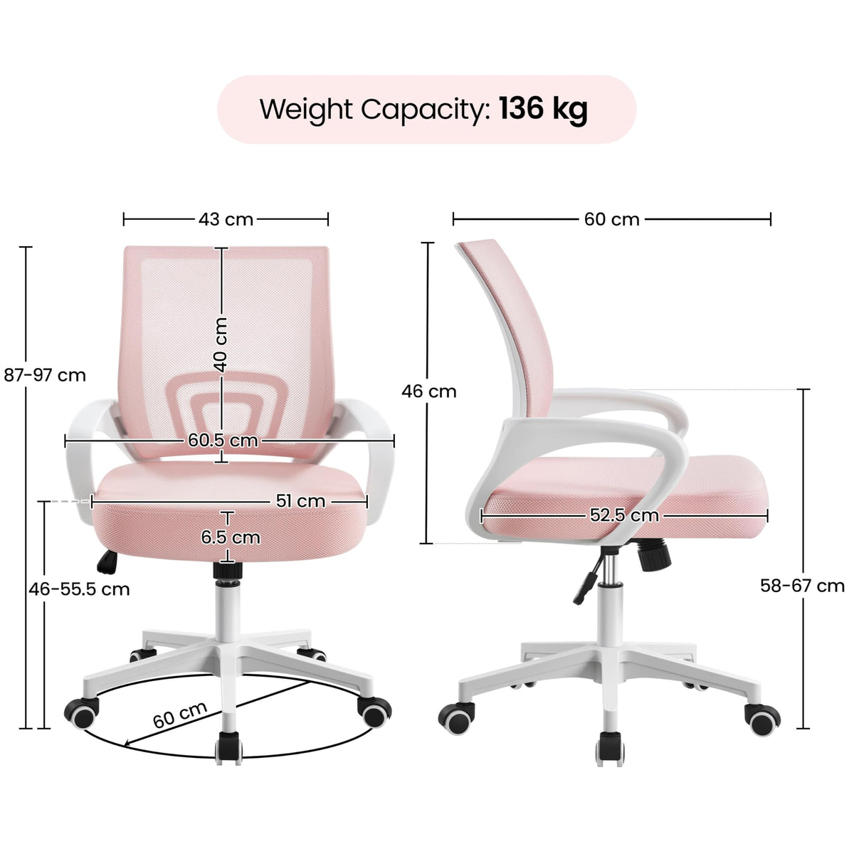 Yaheetech Ergonomic Chair Mesh Swivel Lumbar Support Adjustable Desk Pink