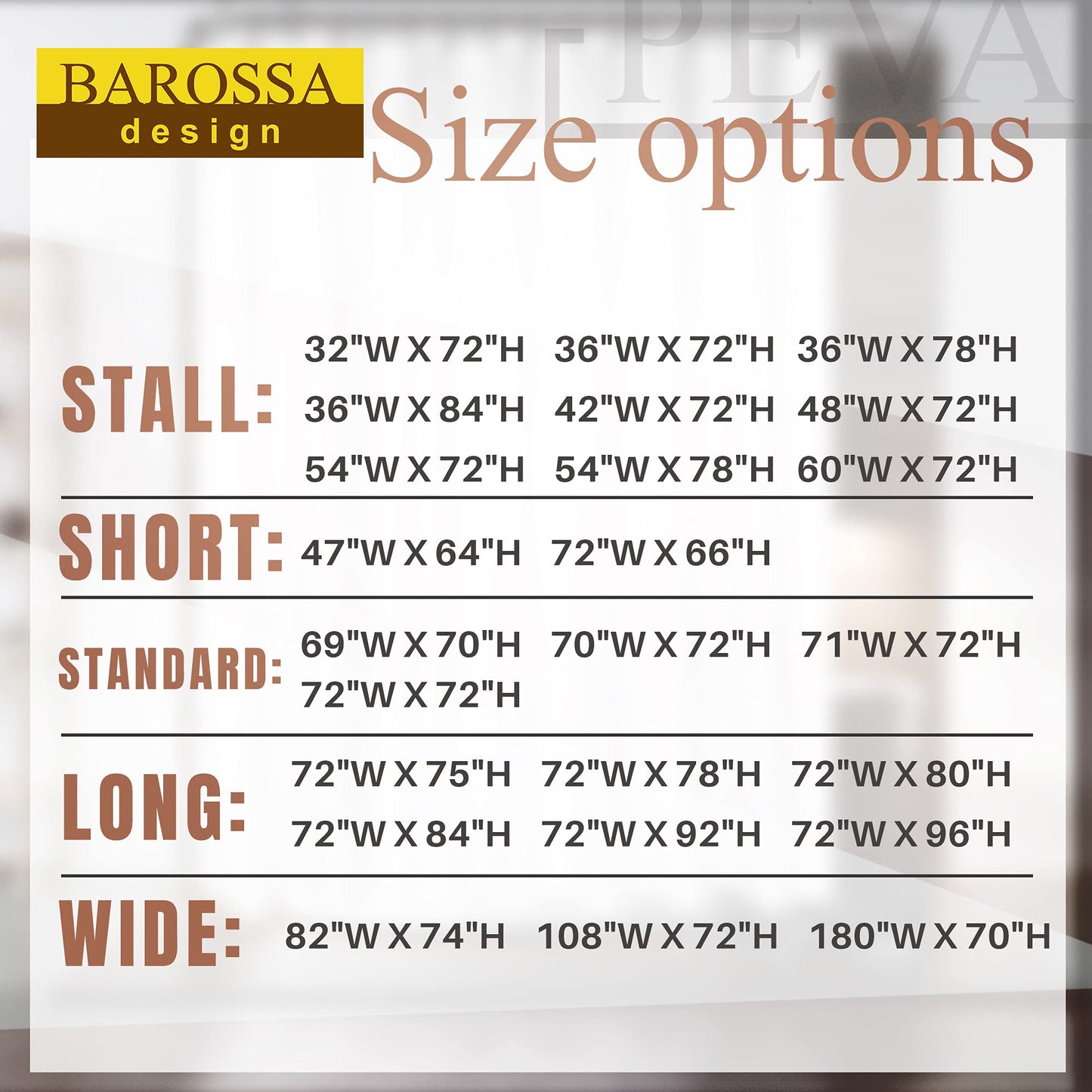 Barossa Design Peva Shower Curtain 72 x 75 Inches Width x Height Clear