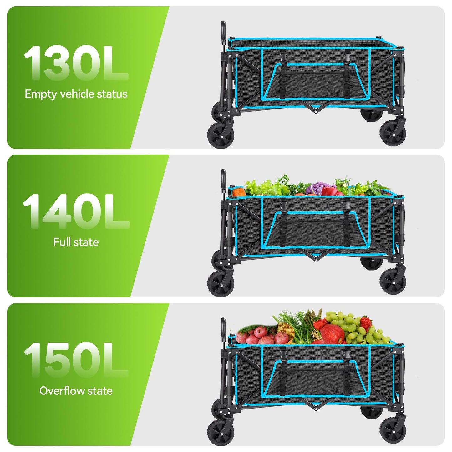 Folding Festival Trolley on Wheels - Foldable Camping Cart 150L Pull Along Garden Wagon Heavy Duty Trolley for Beach Shopping Fishing Picnic Outdoor