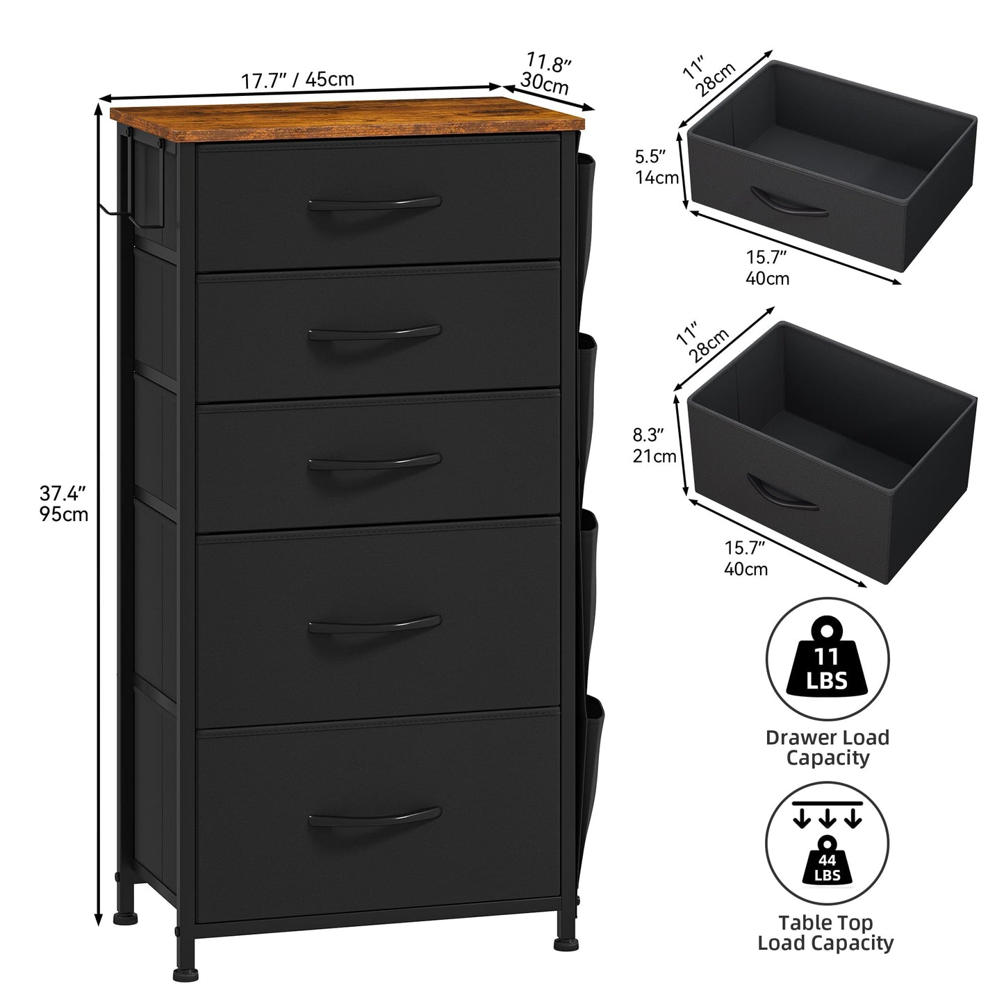 DWVO Narrow Chest of Drawers with 5 Drawers, Fabric Chest Drawers with Side Pocket&Hooks,Easy Pull Handle,Sturdy Steel Frame for Bedroom,Living
