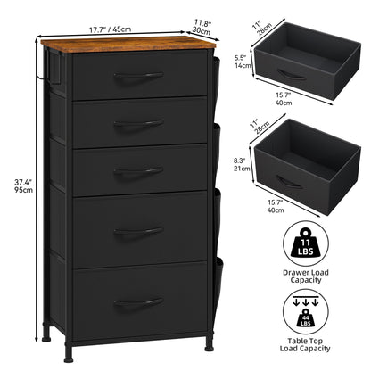 DWVO Narrow Chest of Drawers with 5 Drawers, Fabric Chest Drawers with Side Pocket&Hooks,Easy Pull Handle,Sturdy Steel Frame for Bedroom,Living