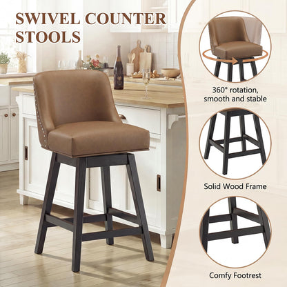 Bar Stools Set of 4, 360° Swivel Upholstered Counter Stools with Back, Wooden Frame Kitchen Bar Chairs with Nailhead Trim