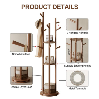 AQIMUELE Coat Stand, Wooden Coat Rack Stand with 3 Storage Shelves and 9 Hooks, Freestanding - Rotatable Coat Hanger Stand