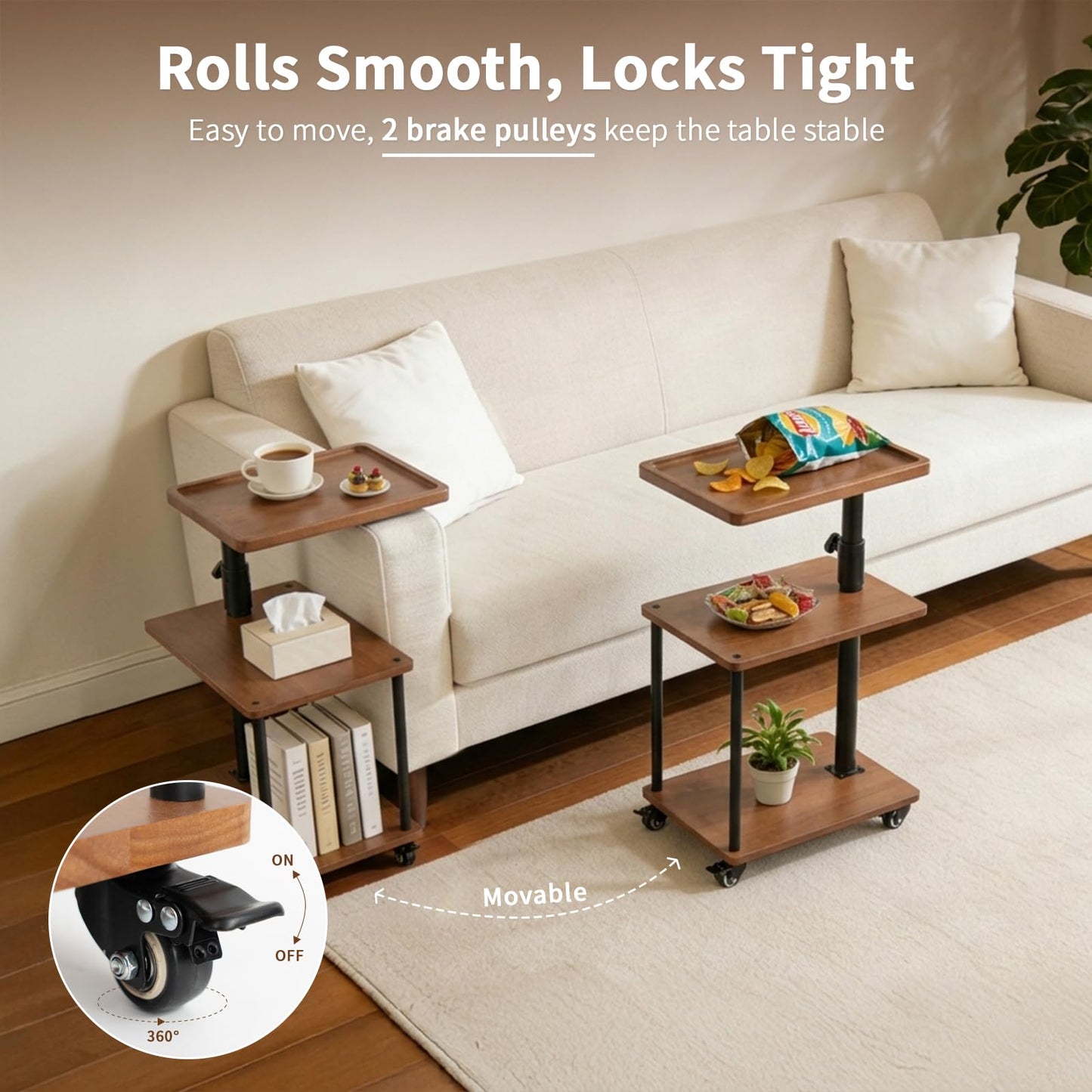 Bingyouth Side Table with Wheels, Adjustable Sofa Table with 360° Swivel Raised-Edge Top, 3 Tier Solid Wood Bedside Table for Living Room or Bedroom