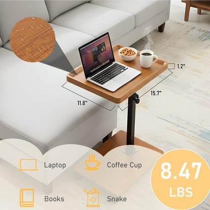 YYW C Shaped Side Table, Height Adjustable Bedside Table with Wheels, 360°Swivel Sofa End Tables, Wooden Coffee End Table for Living Room Bedroom