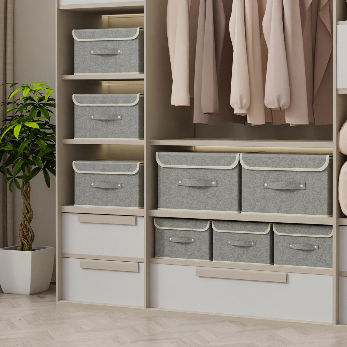 ENUMAIL Foldable Fabric Storage Cubes with Lids,Grey 38x25x25cm,5 Pack