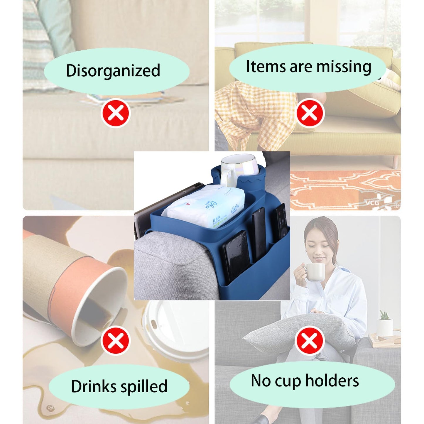 DLBTWDOYLS Silicone Sofa Cup Holder Tray, Non-slip Sofa Armrest Cup Holder with Side Pockets, Multi-functional Sofa Armrest Organiser