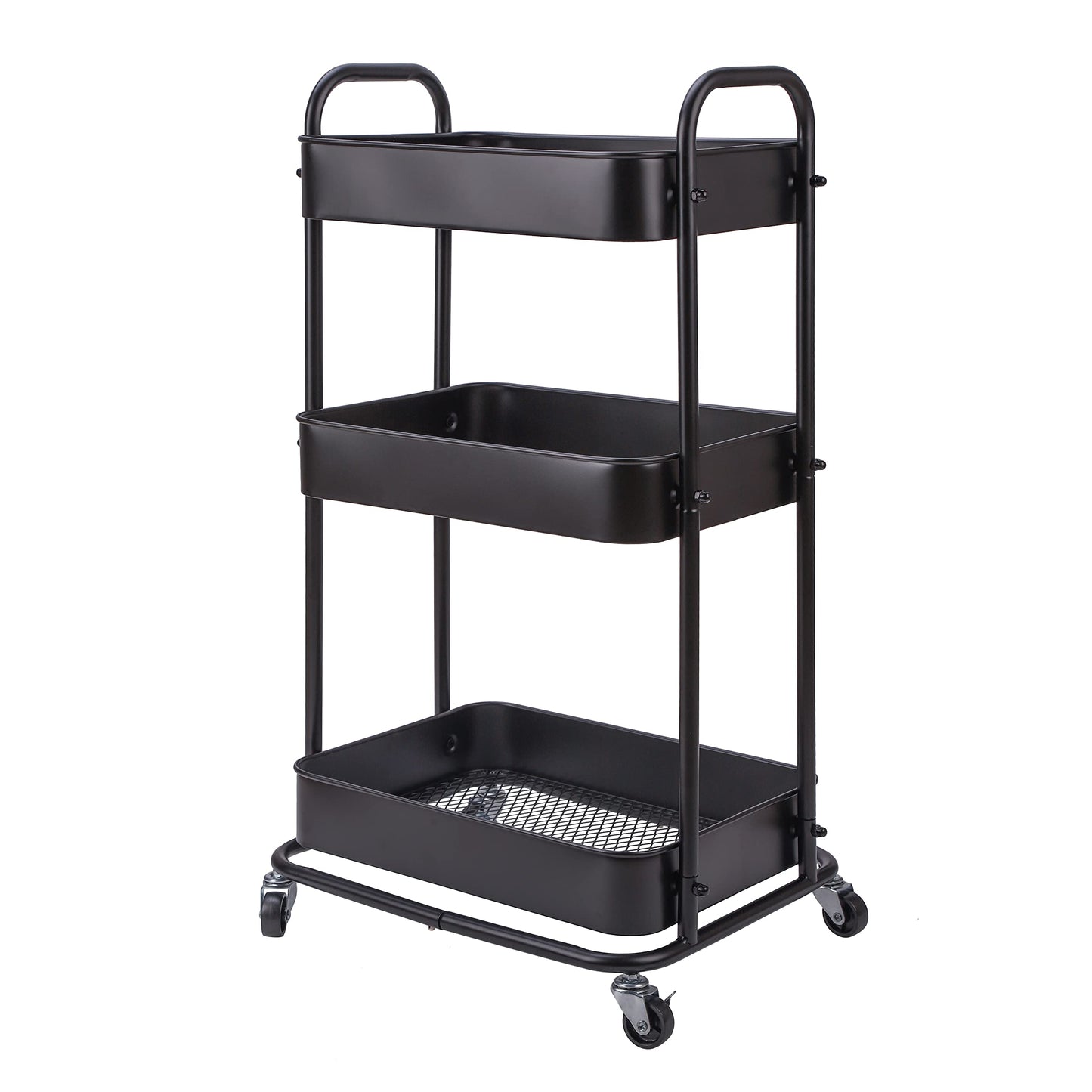 Jowkou 3-Tier Metal Rolling Storage Trolley on Wheels with Lockable Casters | Slim Utility Cart for Kitchen, Bathroom, Bedroom, Beauty