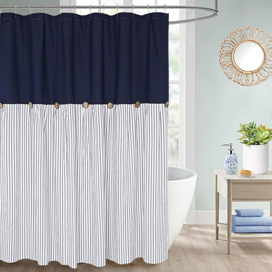 DOSLY ID?ES Farmhouse Navy Blue Shower Curtain for Bathroom,Beige and Navy Stripe,Button Curtain,Cotton Blend Woven Fabric,Rustic Charm Country Chic