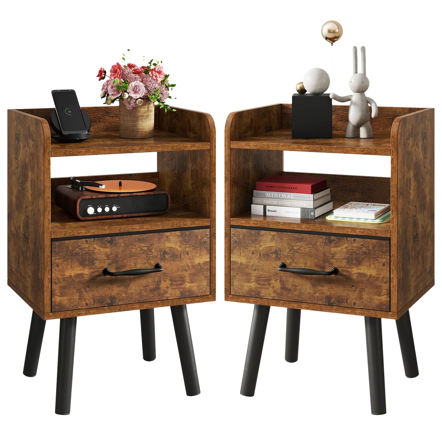 YMYNY Bedside Table Set of 2, Nightstand, Side Table, Wooden Sofa End Table with Fabric Drawer, Open Shelf, Solid Wood Legs, 39x29x63 cm, for Bedroom