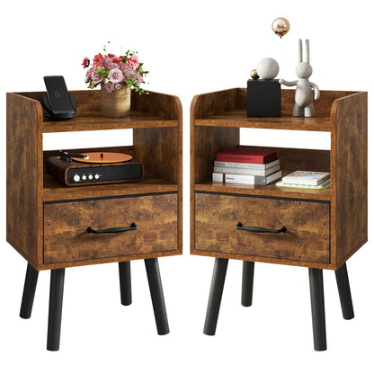 YMYNY Bedside Table Set of 2, Nightstand, Side Table, Wooden Sofa End Table with Fabric Drawer, Open Shelf, Solid Wood Legs, 39x29x63 cm, for Bedroom