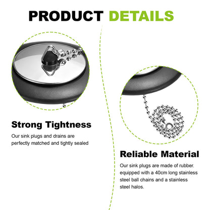 2 Pcs Universal bath plug with Stainless Steel Chain,bath plug and chain,bath plug replacement,43 mm to 45 mm Drain Stoppers Black Rubber for