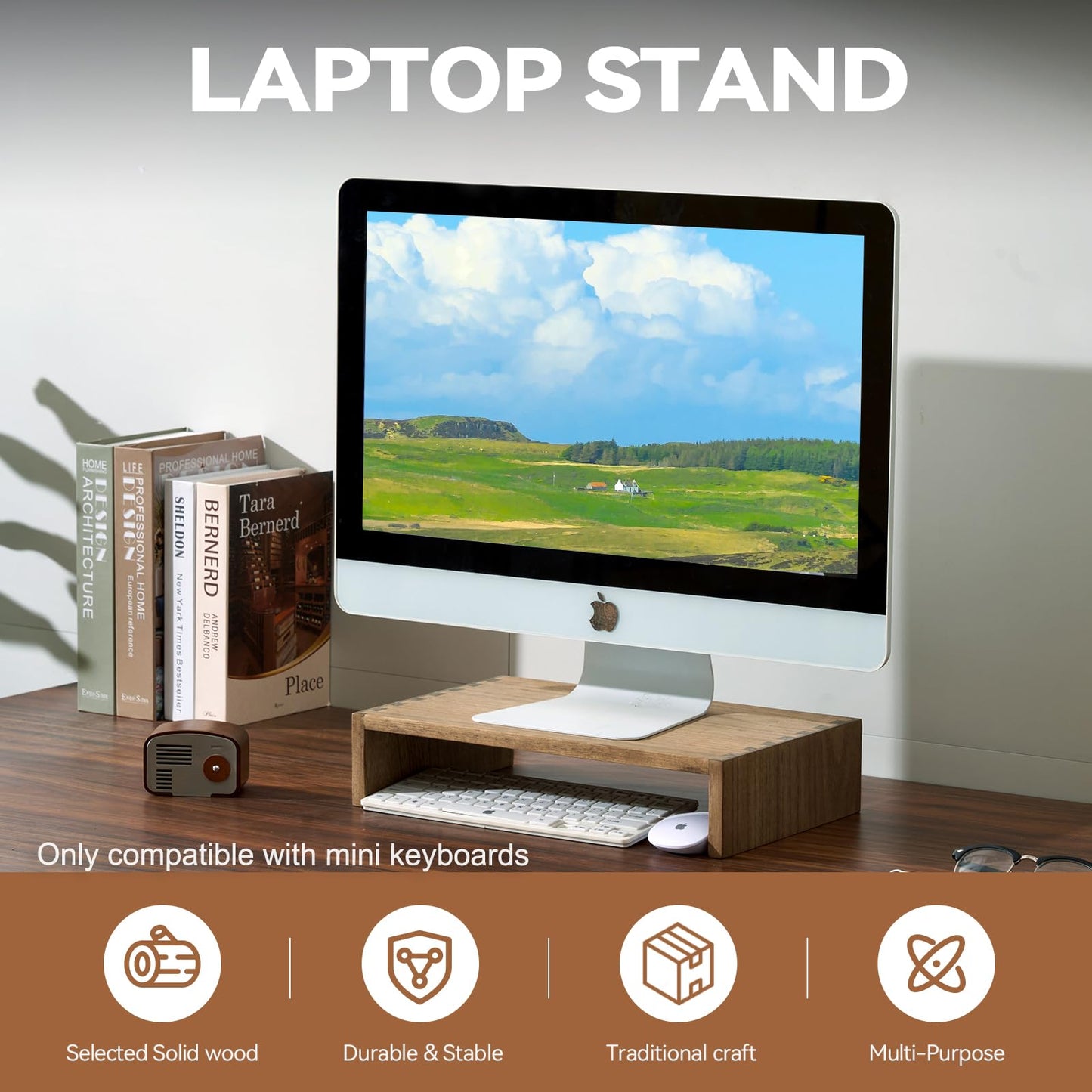 KIRIGEN Wooden Monitor Stand, 39 cm Desk Riser for Laptop, Brown
