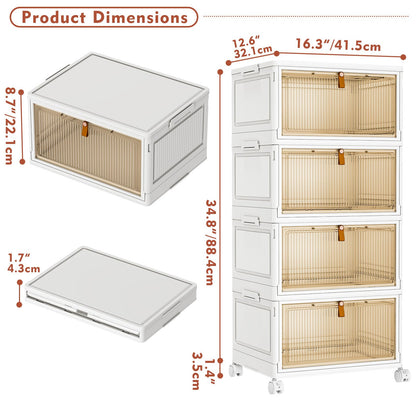 TidyTrove Storage Boxes with Lids, Plastic Storage Boxes with 1 Lid 28L/Tier, 4-Tier Stackable Storage Boxes with Wheels, Folding Storage Bins,