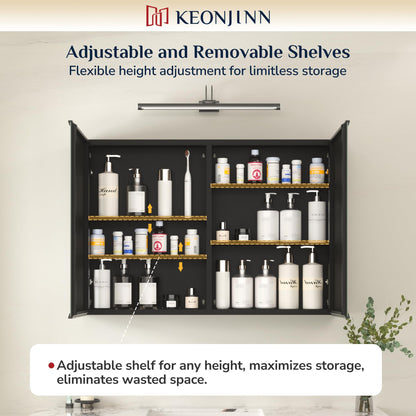 Keonjinn Bathroom Mirror Cabinets 90x60cm, Assembly Required, Black Aluminum Frame Mirrored Bathroom Cabinet Wall Mounted with Storage