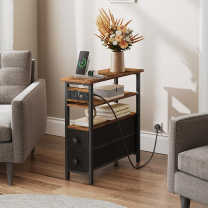HOOBRO Side Table with Charging Station, Narrow Side Table with 2 Non-Woven Drawers, USB Ports and Power Outlet