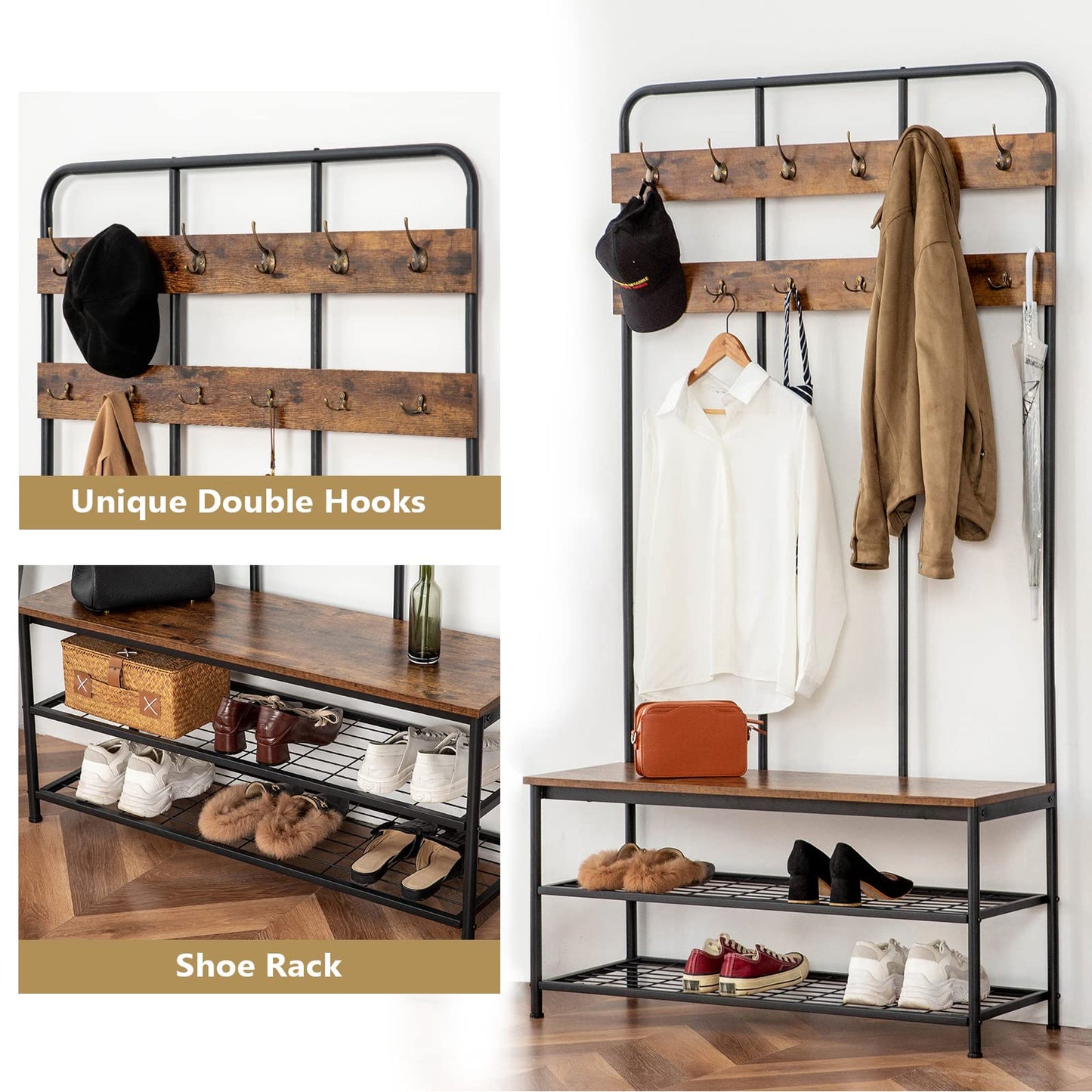 HOOBRO Coat Stand, 182 cm Coat Rack with Shoe Bench, Hall Tree with 12 Hooks, Shoe and Coat Rack for Living Room Entryway Hallway, Industrial Style