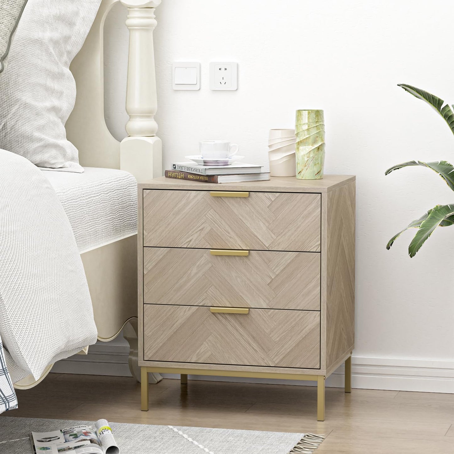 Skokliz Bedside Table with 3 Drawers, Nigntstand for Bedroom, Wood End Table for Living Room, Small spaces, oak