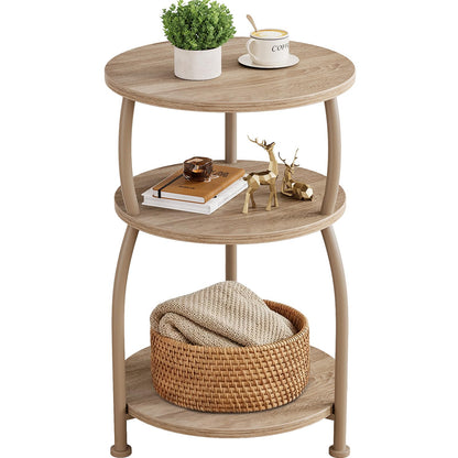 Yuede 3 Tier Side Table, Round Coffee Table, End Table with Storage Shelf, Bedside Table, for Living Room, Bedroom, Metal Frame, 40 x 61 cm, Oak Gray