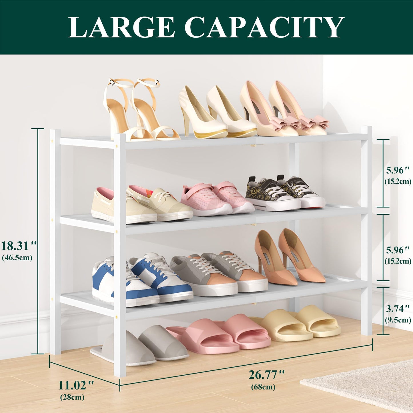 smiry Bamboo Shoe Rack, 3 Tier Shoe Organizer for Entryway & Living Room, Stackable Free Standing Storage Shelf for Shoes, Bags & Plants, White