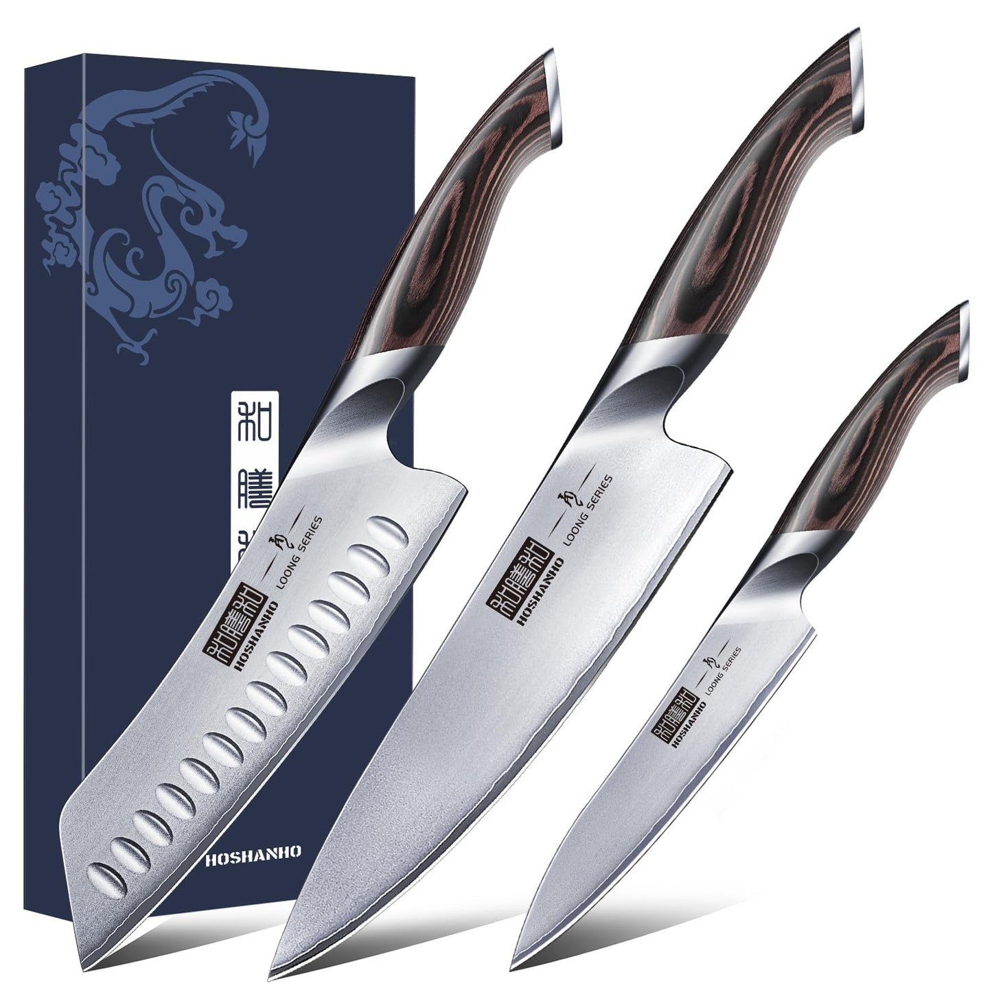 HOSHANHO 3 Pieces Knife Set, Professional Japanese High Carbon Stainless Steel Kitchen Knife Set, Ultra Sharp Chef Knives Sets with Ergonomic