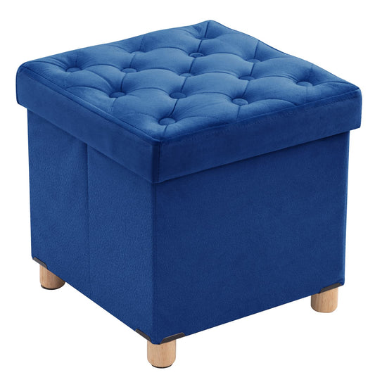 BRIAN & DANY Folding Storage Ottoman with Wood Legs, Velvet Footstools Cube for Living Room and Bedroom, 40x 40x 40 cm, Blue