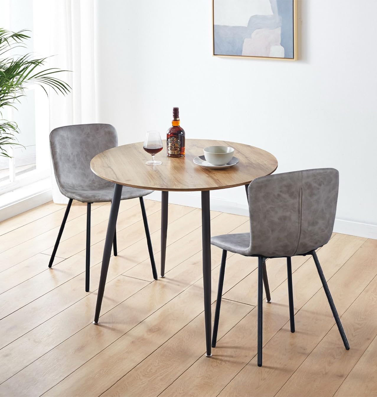 Hallowood Furniture Cullompton Rectangular Dining Table and Chairs Set 4, Brown Oak Effect Top Small Kitchen Table and Chairs in Upholstered Taupe