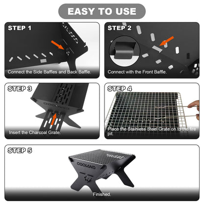 Odoland Camping Fire Pit, Portable Fire Pit for Camping, 2 in 1 Wood Burning Fire pit Grill with Detachable Cooking Grate for Outdoor BBQ, with Carry