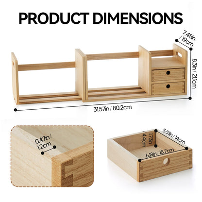 KIRIGEN Desktop Wooden Bookshelf, Expandable Book Organiser with 2 Drawers Desktop Bookcase Multifunction Storage Organizer Book Display Rack Home