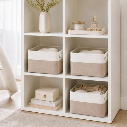 Mangata Fabric Storage Basket with Handles, Light Khaki White S