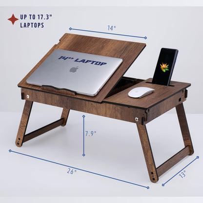 Vigo Wood Laptop Stand for Bed, Adjustable Laptop Lap Desk and Lap Tray with Built-in Storage, Foldable and Ergonomic Design for Reading, Writing, and