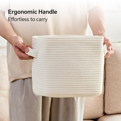 Mangata Set of 3 White Cotton Rope Cube Storage Baskets with Handles, 25x25x22cm, Woven Organisers for Shelves, Bathroom, Bedroom