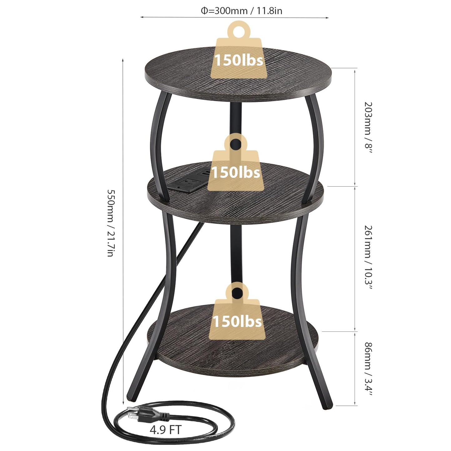 YEAKOO Bedside Table with Charging Station & 4 Sockets, Vintage Round 3-Tier End Table with USB Ports & UK Plugs