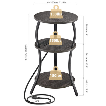 YEAKOO Bedside Table with Charging Station & 4 Sockets, Vintage Round 3-Tier End Table with USB Ports & UK Plugs