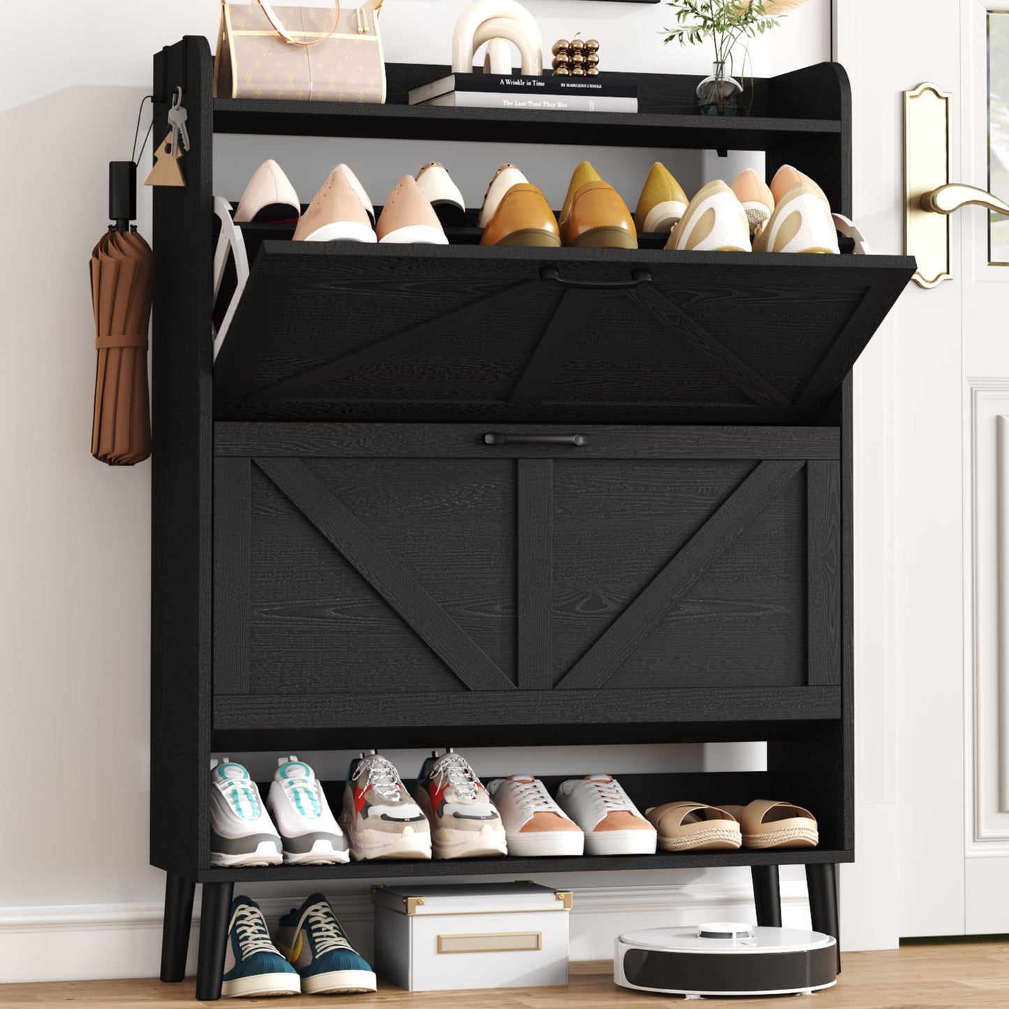 HOME BI Farmhouse Shoe Cabinet with Two Flip Drawers,3-Tier Shoe Storage Organizer with Open Shelf & Top Display,Freestanding Narrow Hidden Shoe Rack