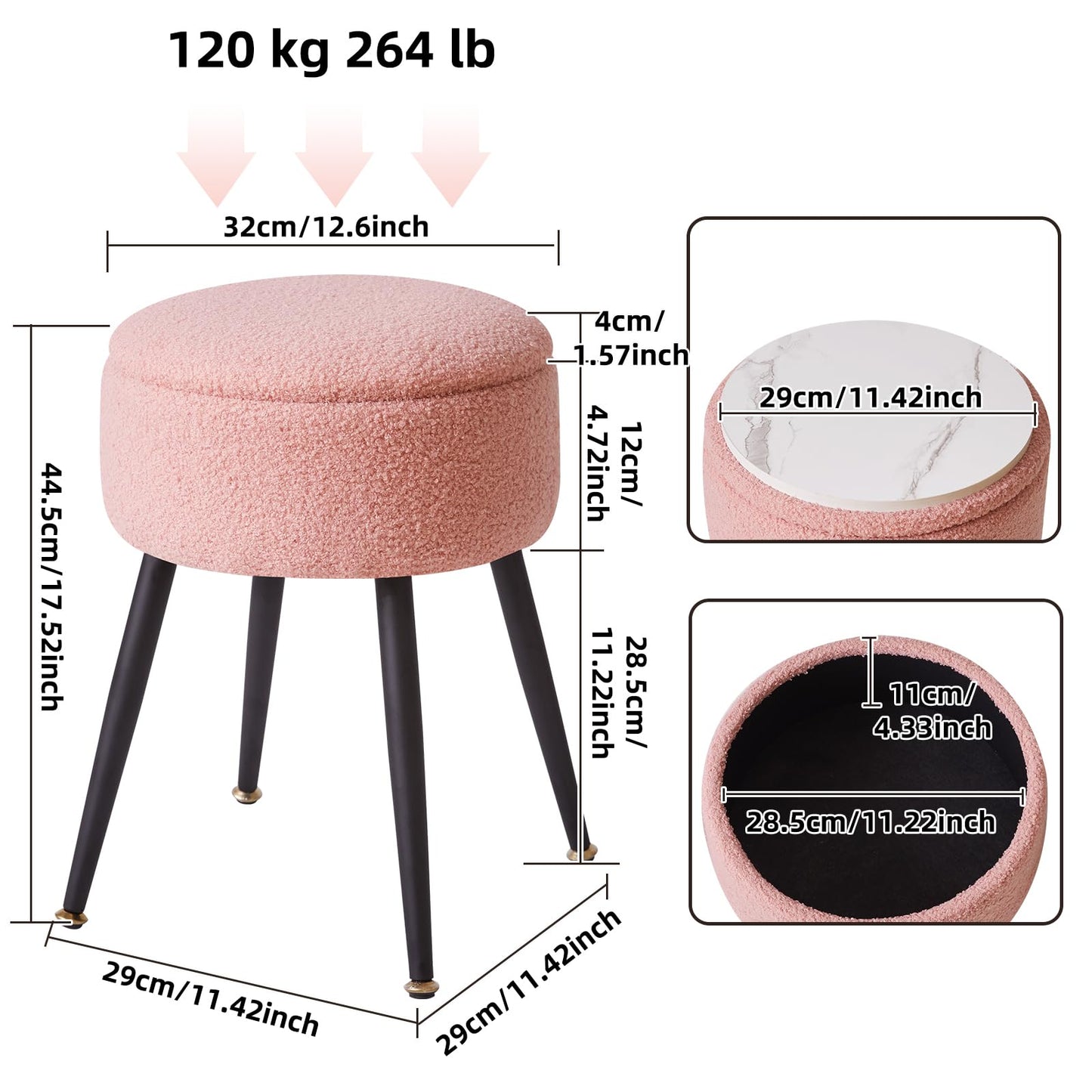 Aibiju Stool Chair for Dressing Table, Round Vanity Stool with Storage, Small Side Table with 4 Metal Legs for Home Living Room Fitting Room Bedroom