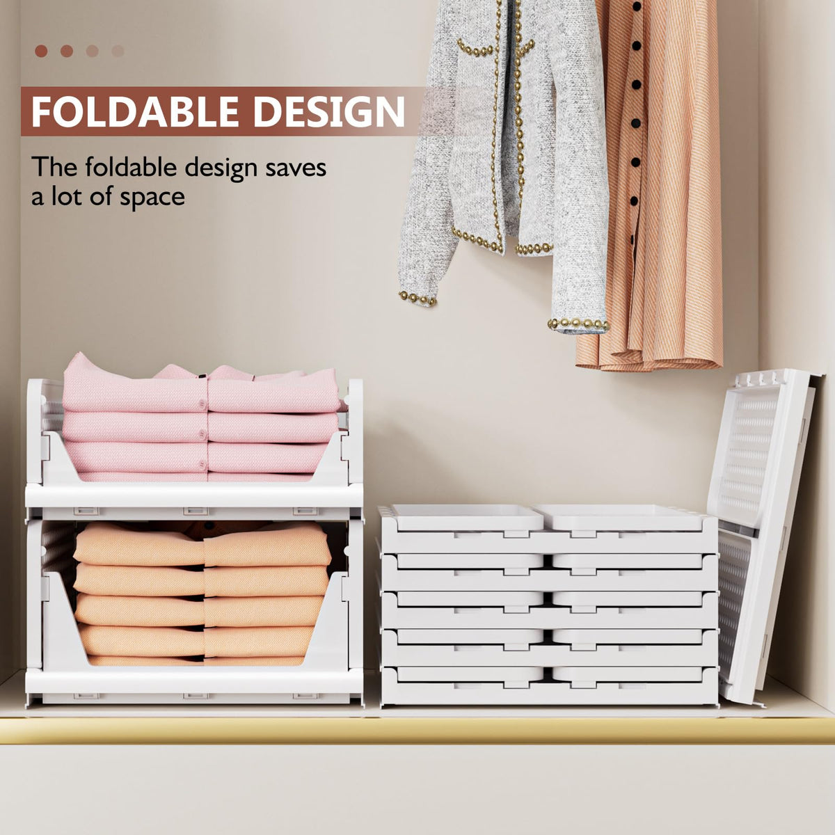 4 Pack Folding Closet Organizers Storage Box, Stackable Storage Bins, Plastic Drawer Basket Closet Storage for Wardrobe Cupboard Kitchen Bathroom