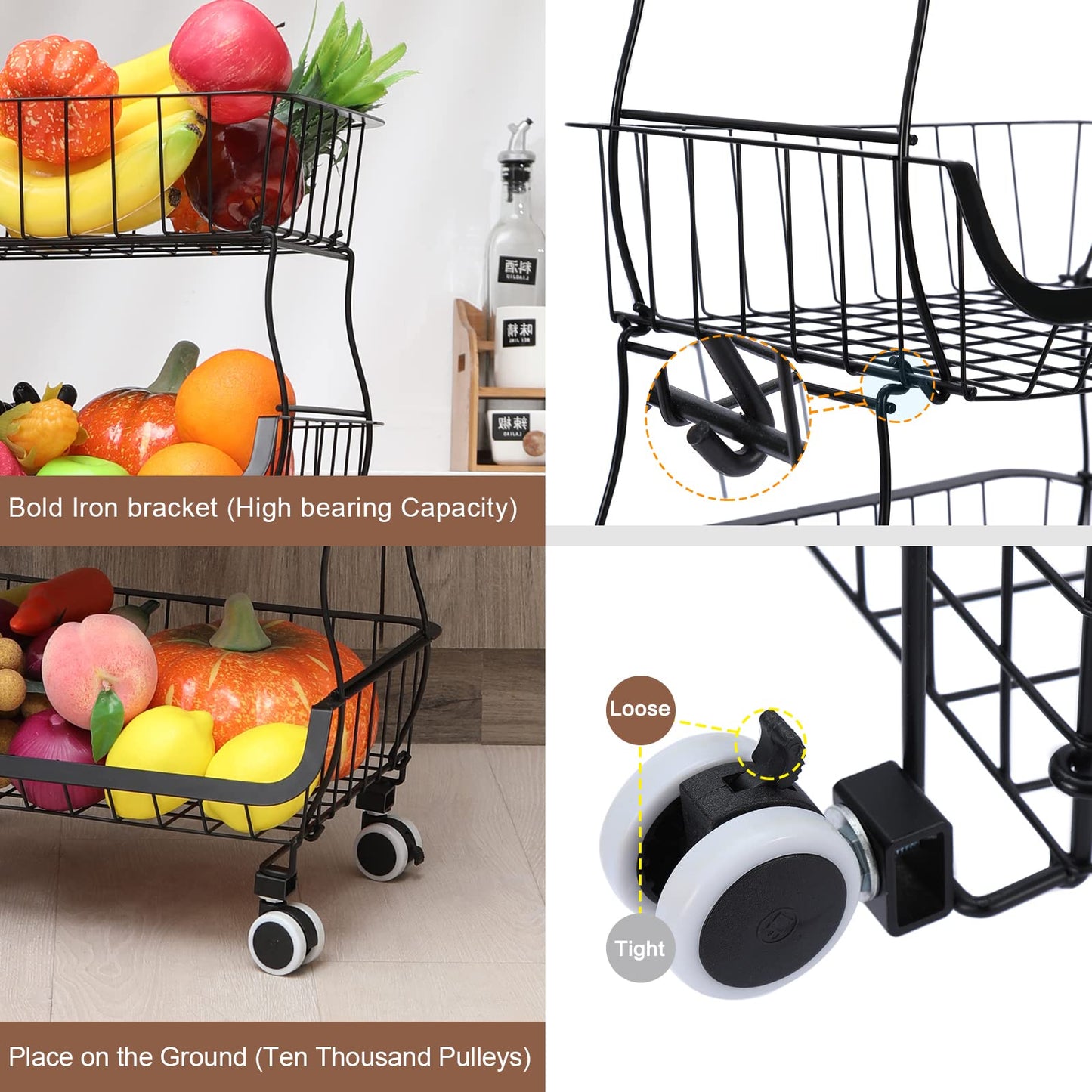 BRIAN & DANY 6 Tier Vegetable Storage Rack, Stackable Fruit Vegetable Stand with Lockable Casters and 5 S-Hooks for Kitchen, Pantry, Bathroom, Garage
