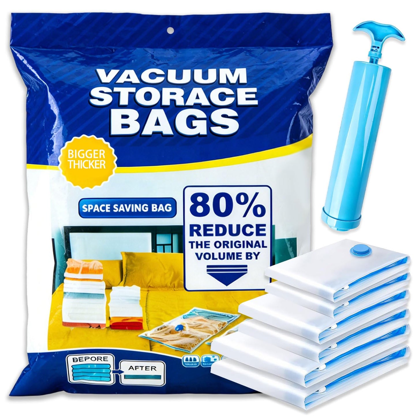 OWill Vacuum Storage Bags 6 Pack with Travel Hand Pump, Reusable Space Saver Bags for Clothes, Sweaters & Blankets, 3 Mixed Sizes
