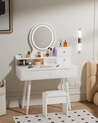 Dressing Table with Round Mirror and Stool, Small Vanity Desk, White