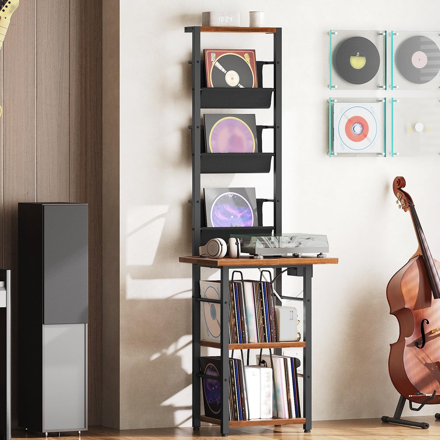 YATINEY 3-Shelf Record Player Stand with Charging Station and 3 Fabric Bins