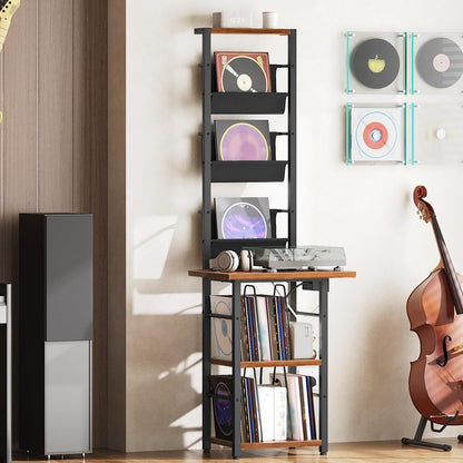 YATINEY 3-Shelf Record Player Stand with Charging Station and 3 Fabric Bins