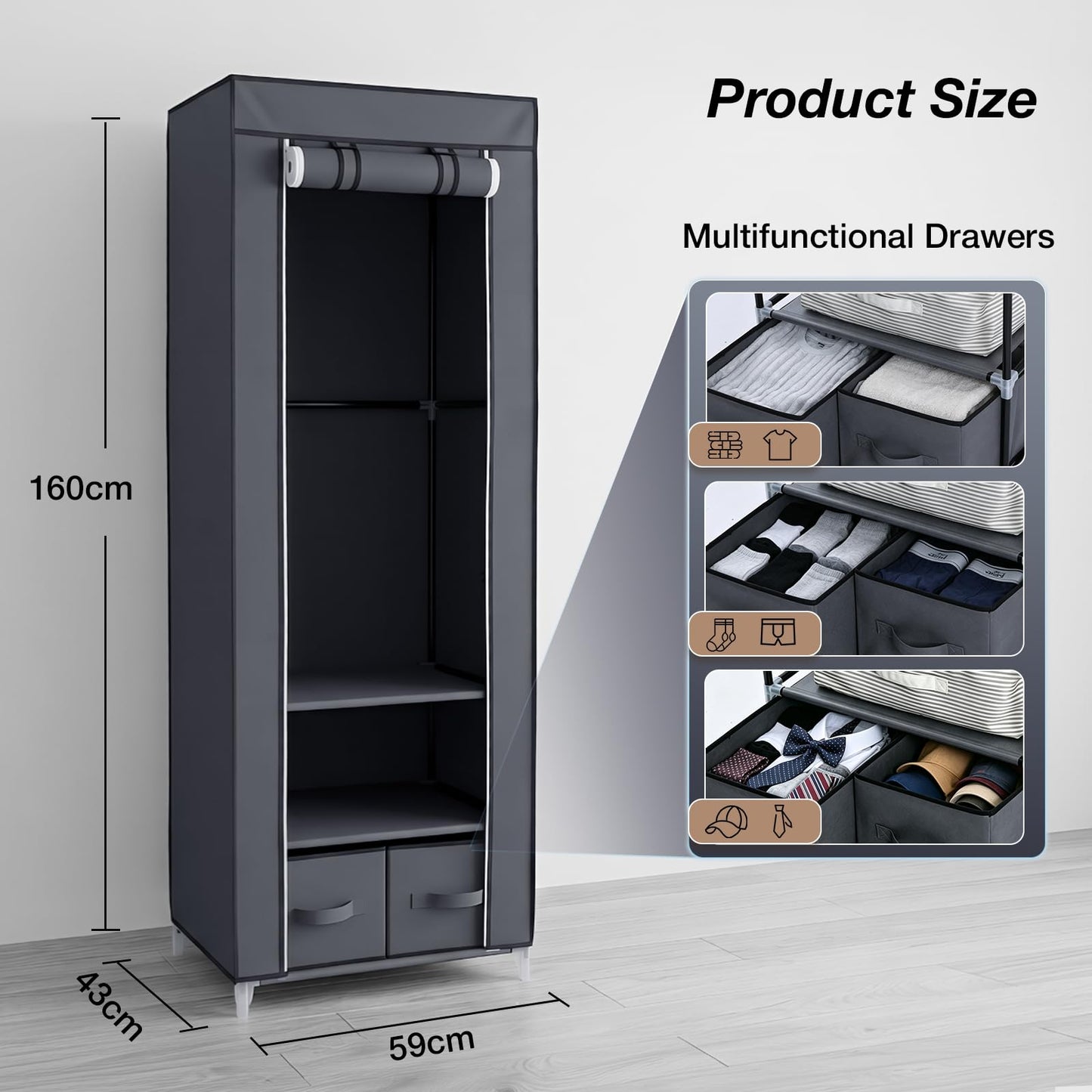 Single Canvas Wardrobe with 2 Drawers and Hanging Rail 160 x 59 x 43CM
