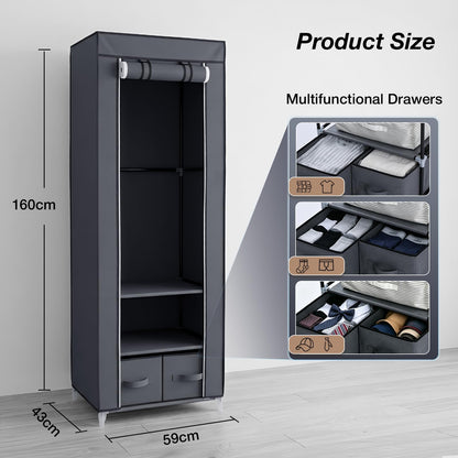 Single Canvas Wardrobe with 2 Drawers and Hanging Rail 160 x 59 x 43CM
