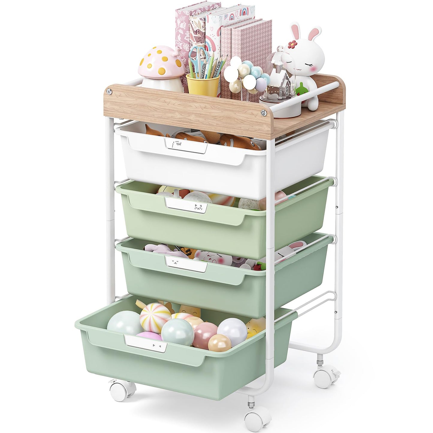 SYKIARIOL 5-Drawer Rolling Storage Trolley Cart with Wooden Top & Handles, Multifunctional Rolling Organizer with Wheels，Art Craft Supply Utility