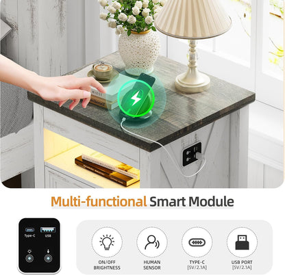 Lvifur Bedside Table - with Hidden Drawer,LED Nightstand with Charging Sation,Smart Night Stand with 3 Color Lights,End Table with Glass Desktop,3